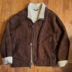 Men’s vintage genuine suede shearling bomber jacket, Brown, Large